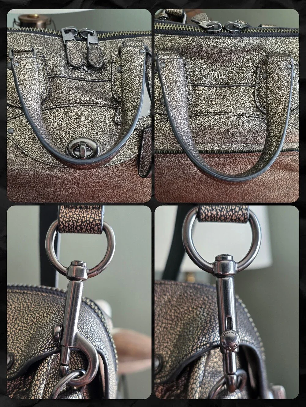 Coach 33740 Rhyder 33 Elevated Satchel Metallic Gold Pebbled Leather Gunmetal
